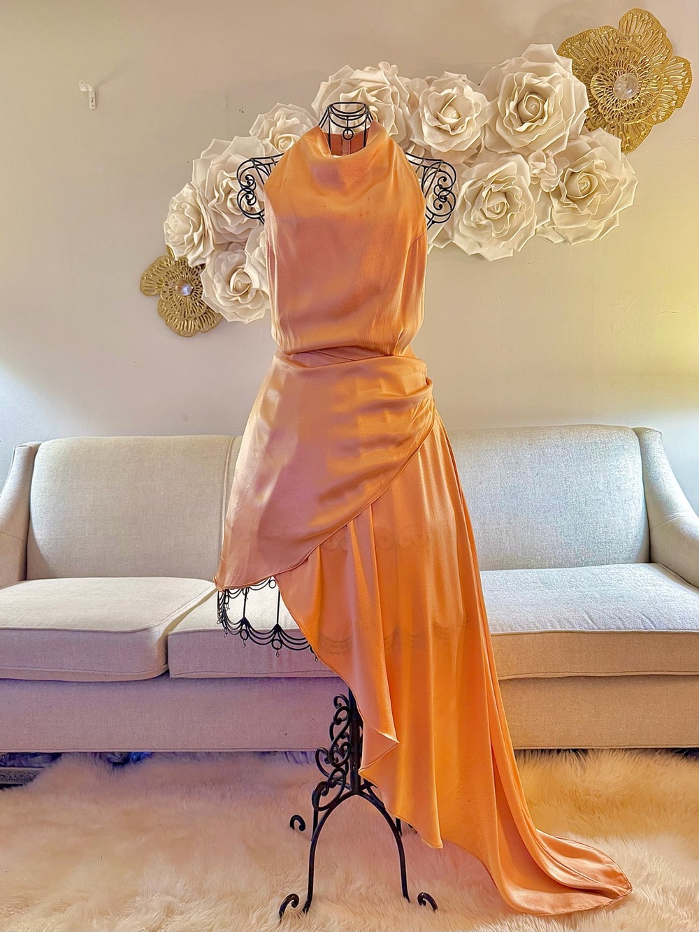Elliatt Satin Halter High-Low Dress in Peach